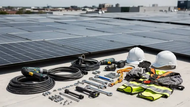 PV-Installateur mit Subunternehmern auf einer Solardachbaustelle mit Panels und Werkzeugen
