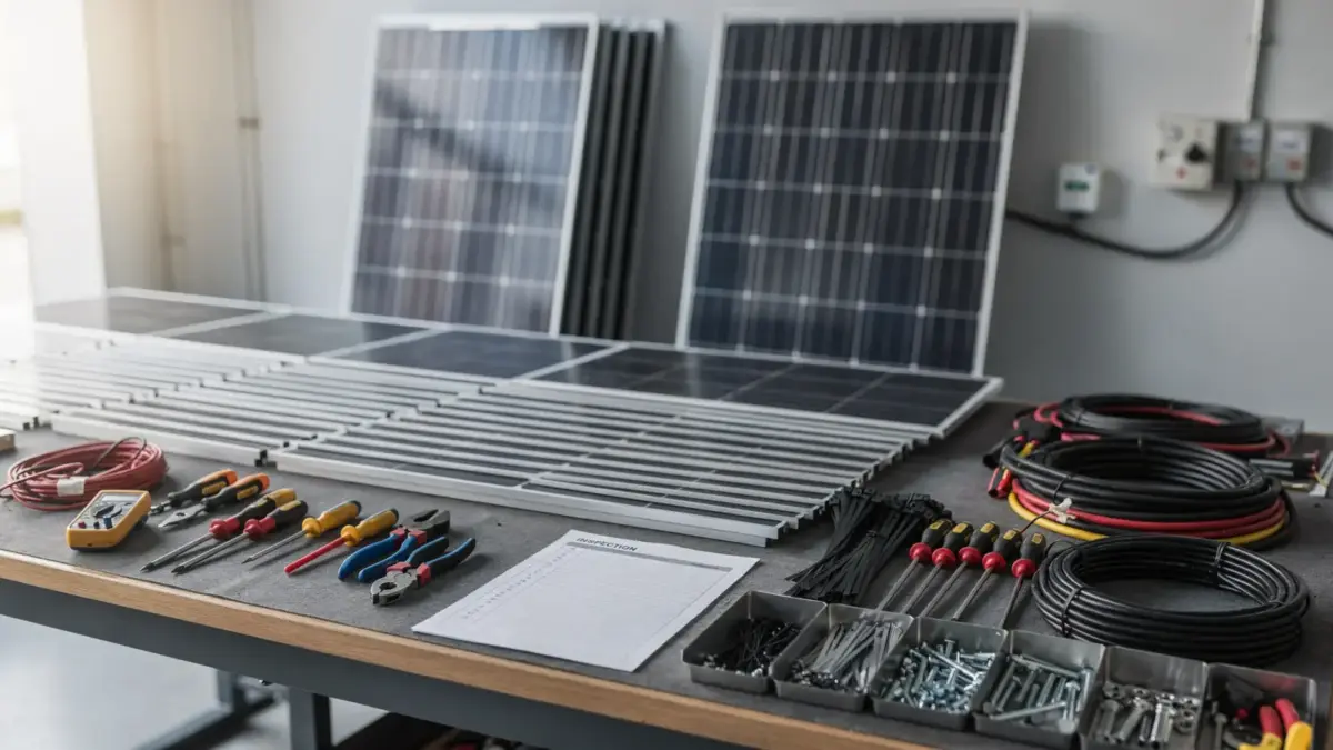 Solarteur-Qualifikation: Fachbetrieb mit Solarpanels, Werkzeugen und Prüfunterlagen