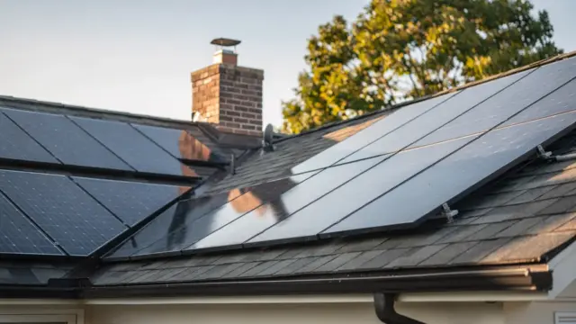PV-Verschattung und Dachausrichtung auf einem Wohnhausdach mit Solarmodulen und teilweiser Verschattung