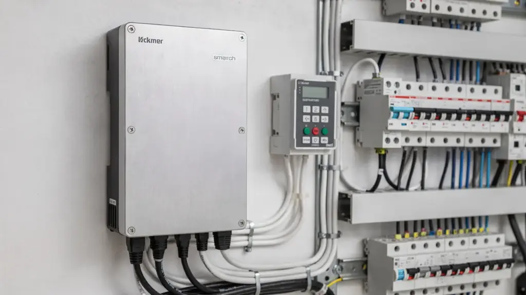 Außeneinheit einer Wärmepumpe neben einem Elektroauto vor einem Wohnhaus